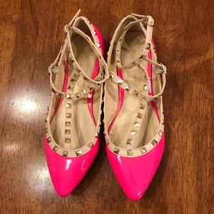 Rock Stud Pointed Toe Flats Neon Pink Size 8.5
